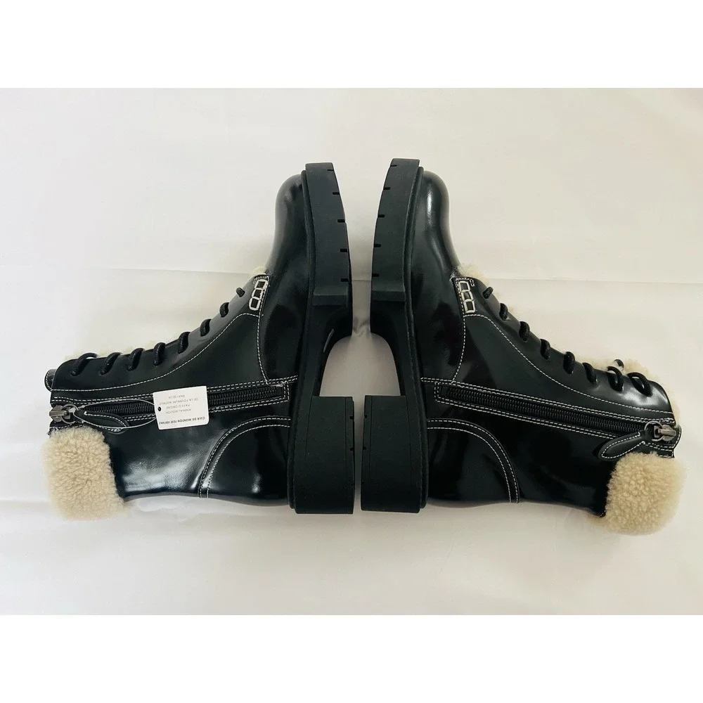 COACH Black High Shine Leather Shearling Combat Booties Uniform Dress Shoes 9.5B